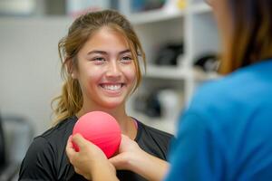 A woman is smiling while holding a pink ball photo