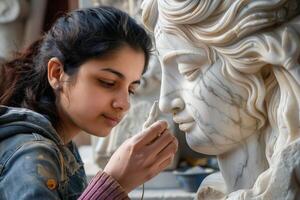 A woman is working on a sculpture photo