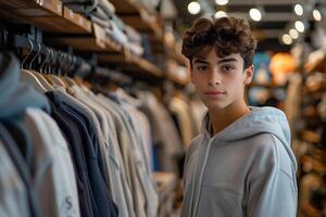 A young man in a clothing store looking at the camera photo
