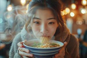 A woman eating noodles in a bowl photo