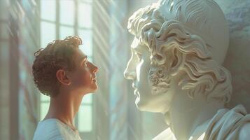 A young man looks at a statue of a man photo