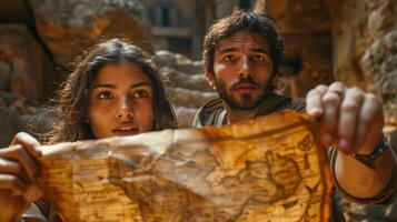 A man and woman looking at a map in a cave photo