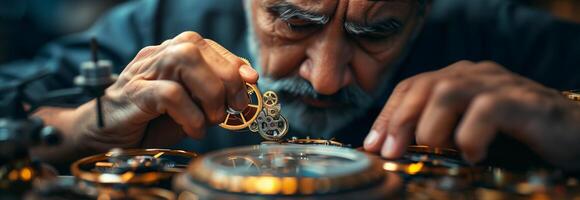 A man is working on a watch with a gold chain photo