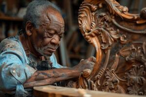 An older man working on a wooden chair photo