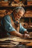 An older man working on leather in a workshop photo