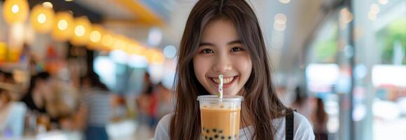 A woman holding a bubble tea drink photo