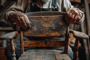 An old man sitting on a chair with his hands on the wood photo