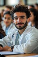 A male doctor in a white coat sitting in front of a group of students photo