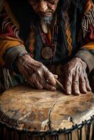 An old man playing a drum with his hands photo