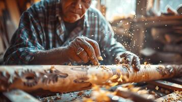 An older man is working on a wooden object photo