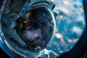 An astronaut in space looking out the window photo