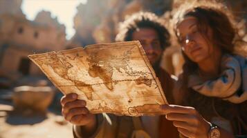A man and woman are looking at a map photo
