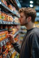Man choosing food in supermarket aisle photo