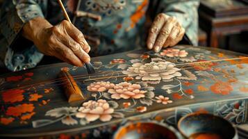 A woman is painting a wooden instrument with flowers photo