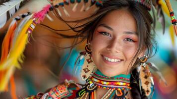 A woman in native attire smiling and wearing feathers photo