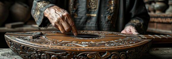 A man is playing a wooden instrument on a table photo