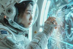 Astronaut woman in space suit working on futuristic interface photo