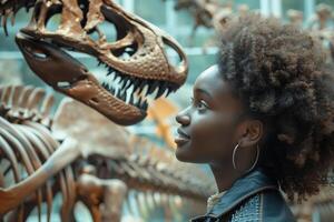 A woman with afro hair looking at a dinosaur skeleton photo
