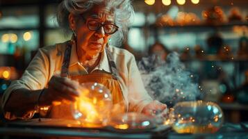 An old woman is making something with a flame photo