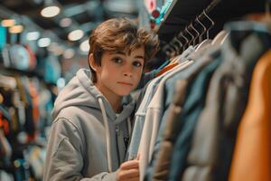 A boy looking at clothes in a store photo