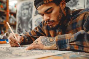 A man with tattoos is drawing on paper photo