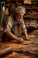 An old man working on leather in a workshop photo