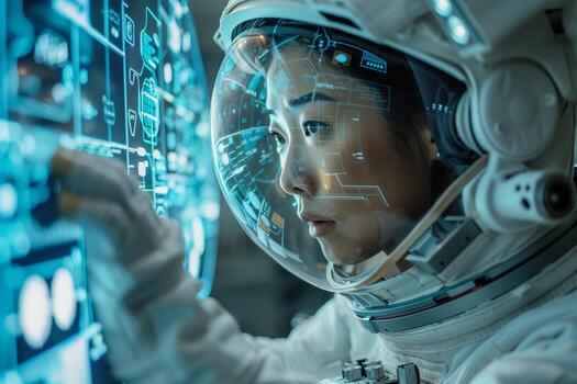 A woman in an astronaut suit is looking at a computer screen photo