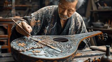 An old man is working on an instrument photo
