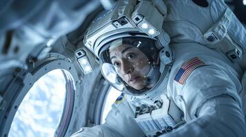 An astronaut is looking out of a window photo