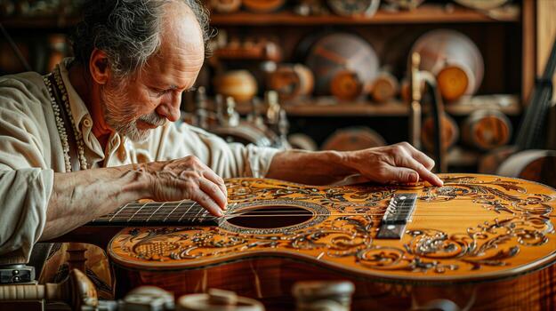 A man is working on a guitar in a workshop photo