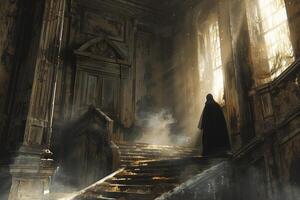 A man in a black cloak stands on the stairs in an old building photo