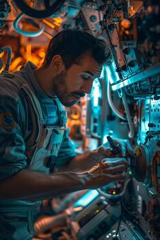 A man in an astronaut suit working on a machine photo