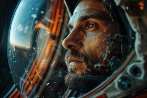 A man in an astronaut suit looks out the window photo