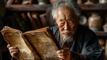 An old man reading an old book photo
