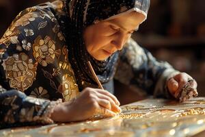 A woman in a headscarf working on a gold piece photo