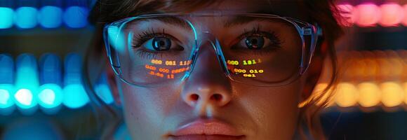 A woman wearing glasses with colorful lights photo
