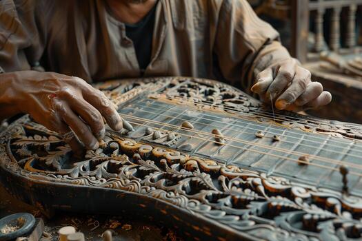 A man is working on an instrument in a workshop photo