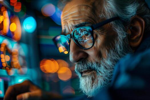 An older man with glasses and a beard looking at a computer screen photo