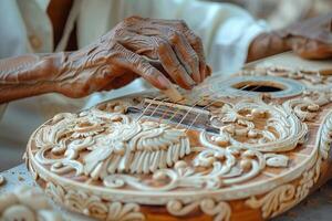 A man is carving a guitar with intricate designs photo