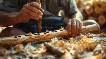 A man is making a flute with wood photo