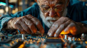 An old man working on a computer motherboard photo