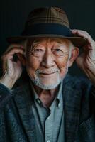 An older man wearing a hat and a jacket photo