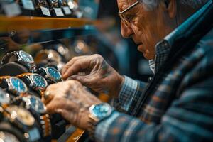 An older man looking at watches in a store photo