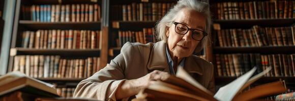 An older woman is reading a book in a library photo