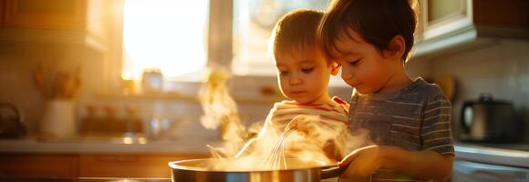 Two children cooking in a kitchen with steam coming out of the pot photo