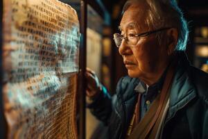 An elderly man looking at an ancient scroll photo