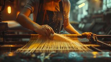 A woman is working on a machine that is making pasta photo