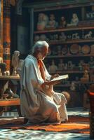 An old man sitting on a rug reading a book photo