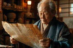 An old man reading a newspaper in a room photo
