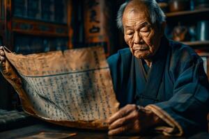An old man reading an old book photo